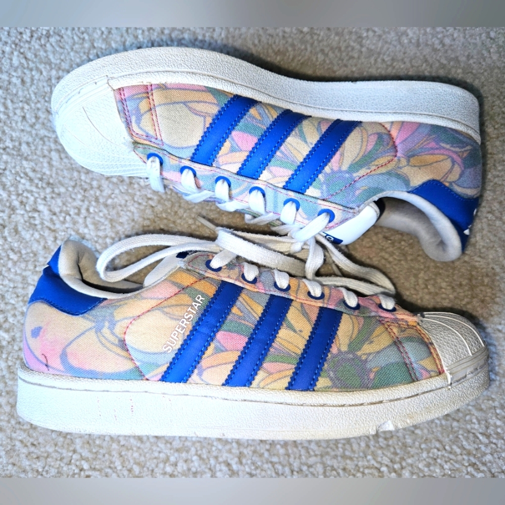 RARE Adidas Superstar Cloth Trainers Floral Sneakers Womens 7 Yellow Blue Pink - Picture 3 of 10